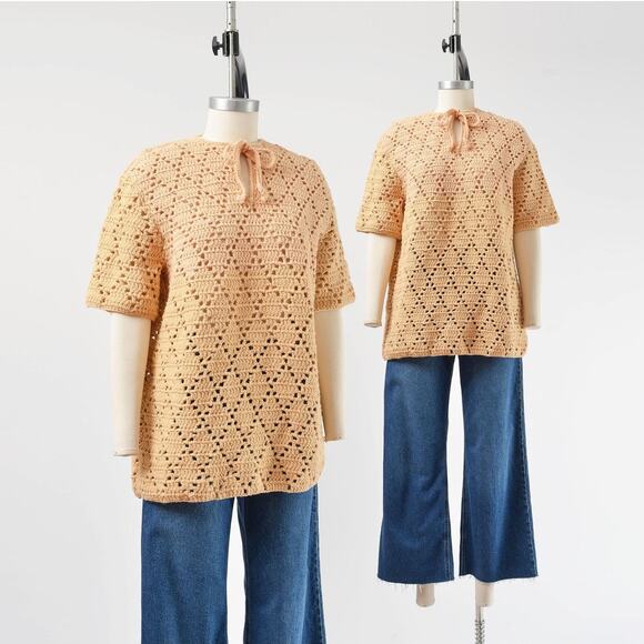 Vintage 70s Apricot Hand Knit Sheer Crochet Boho Hippie Sweater Top size M - Picture 1 of 7